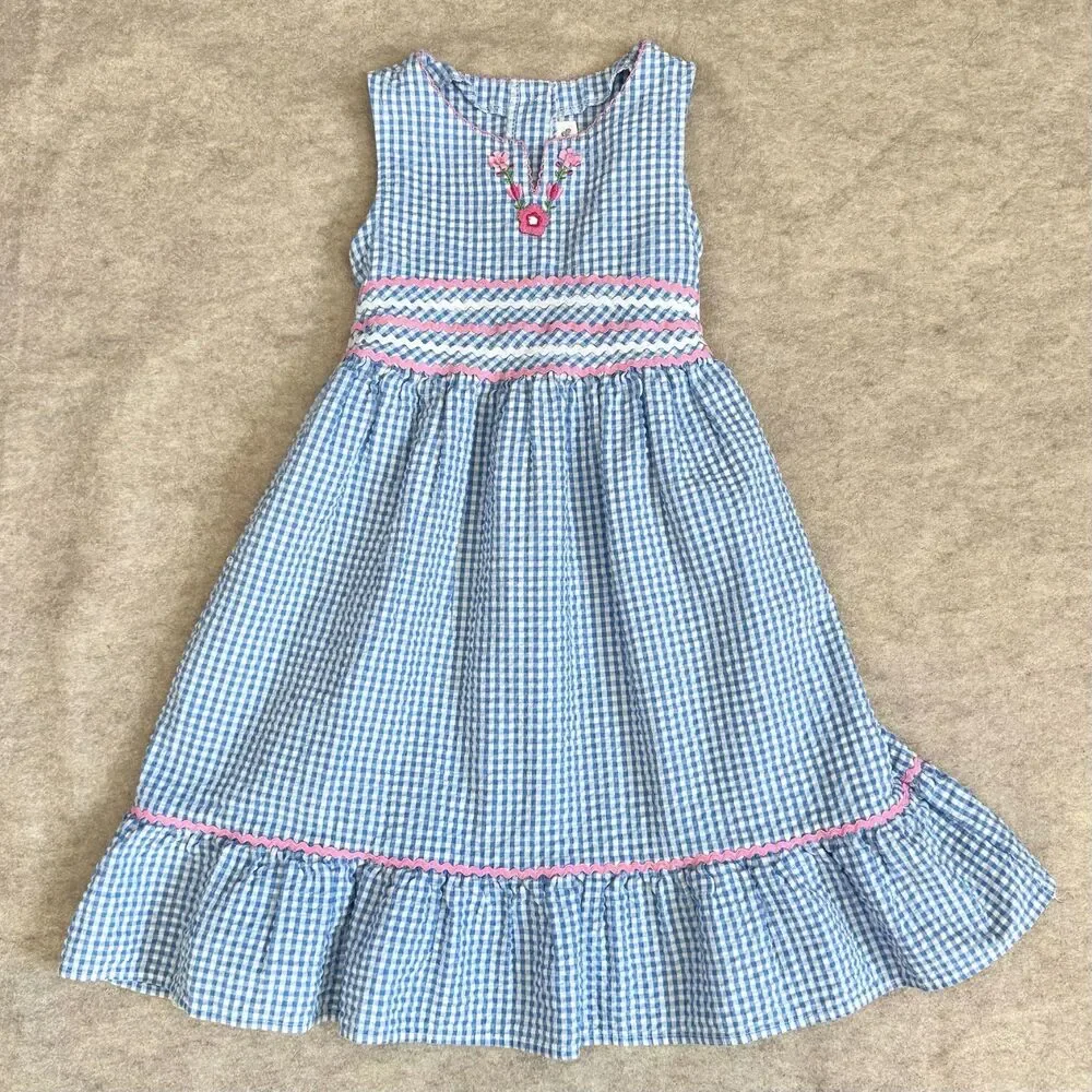 Vintage Youngland dress girls 6 blue gingham sleeveless embroidered seersucker